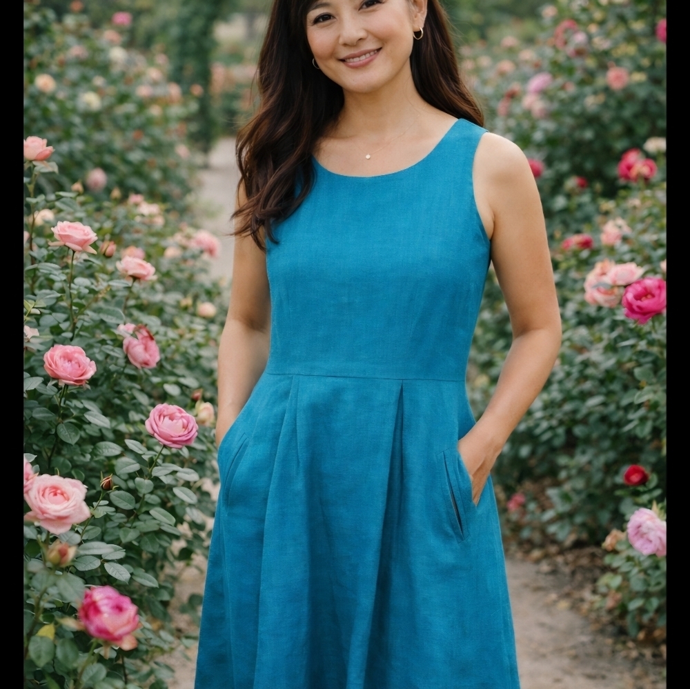 Talbots Pure Irish Linen Sleeveless Dress With Pockets Size 6 Petites Teal Blue